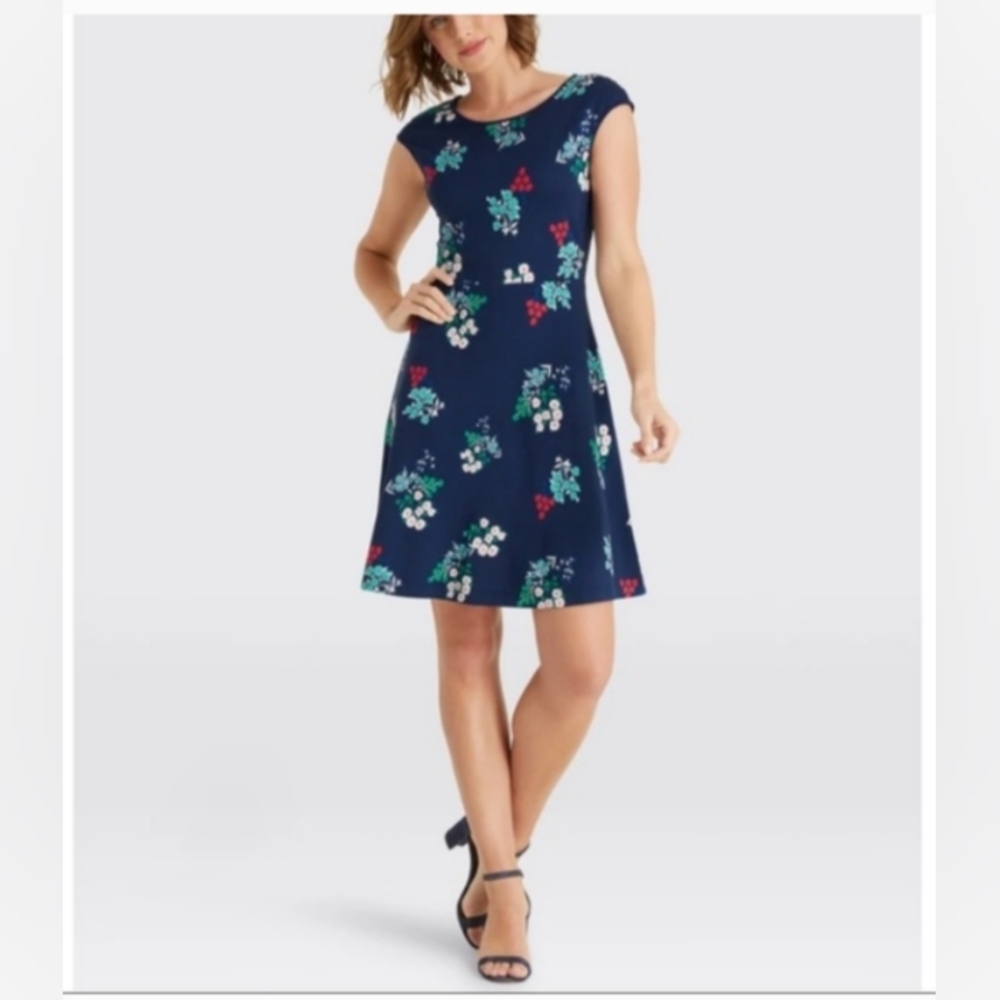 Draper James Women's XL Floral Ponte Mini Dress Navy Blue Sleeveless/Cap A-line